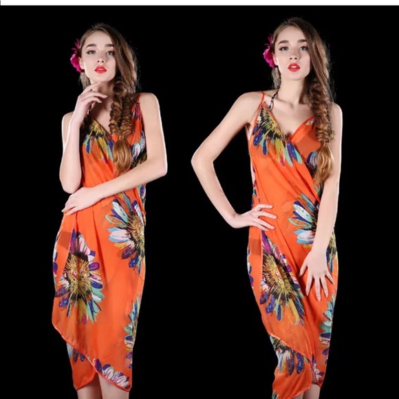 Orange Floral Chiffon Swim Wrap Sarong Cover Up - Picture 2 of 4